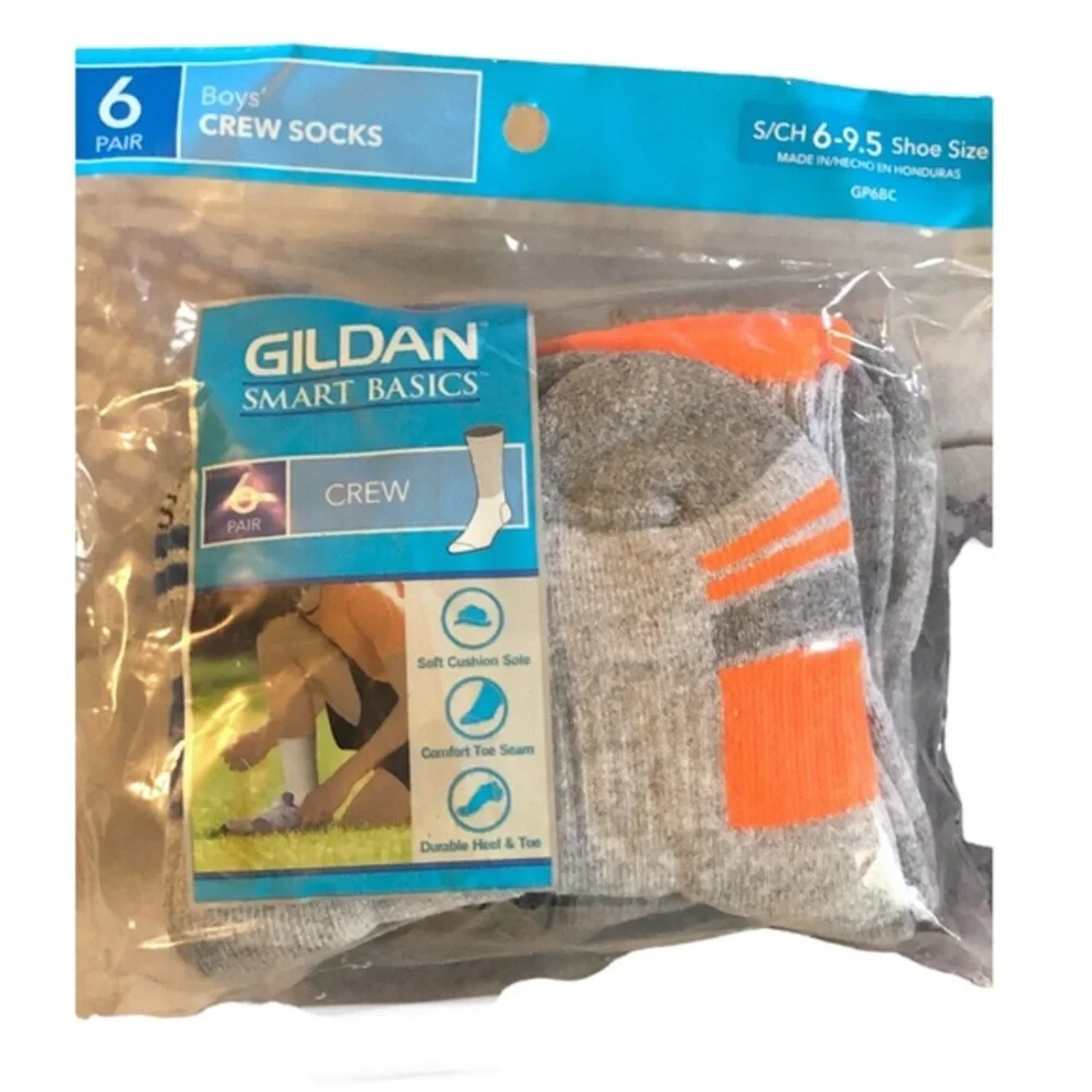 12pairs Gildan smart basics Boys’ grey striped crew socks, fits‎ size 6-9.5 shoe
